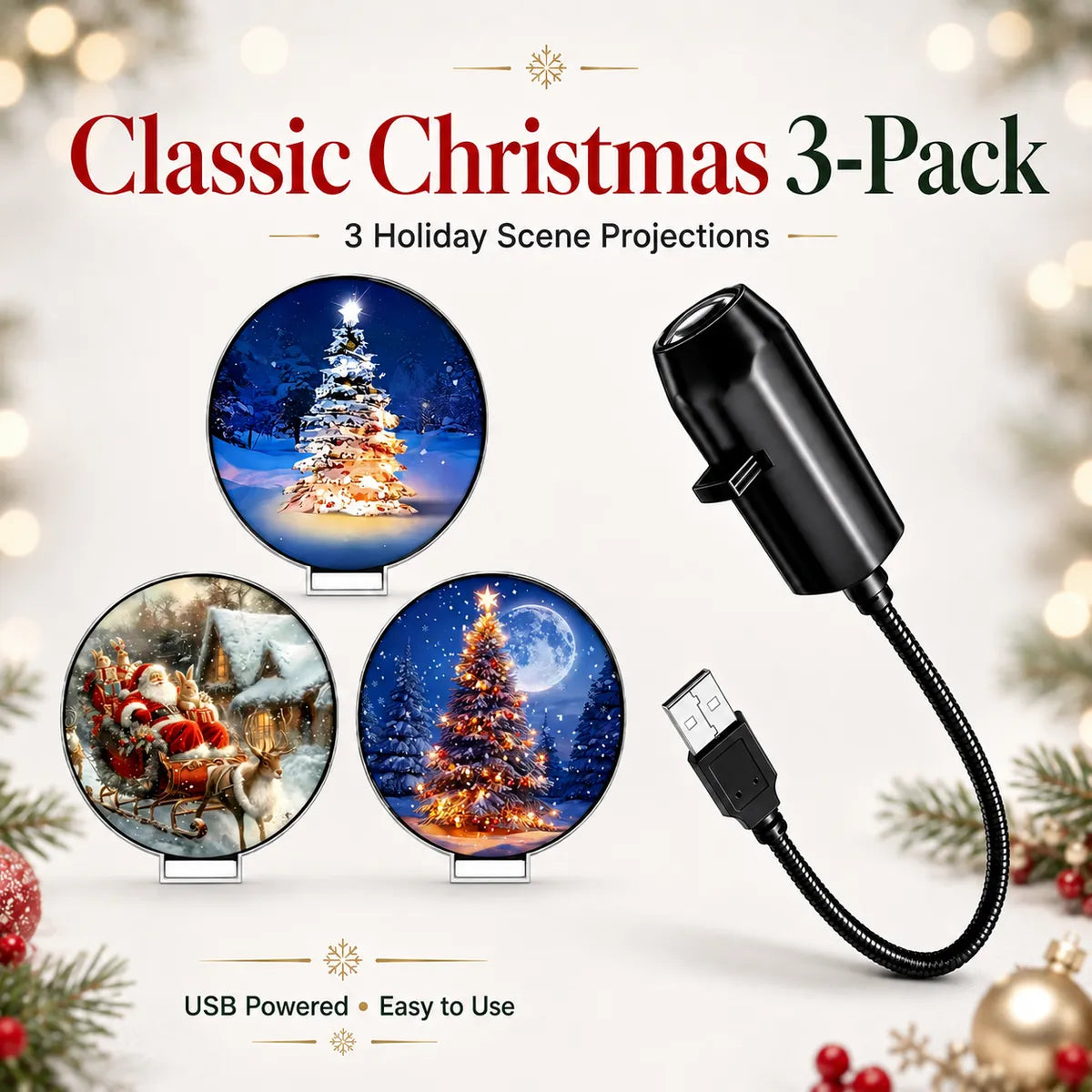Halloween & Christmas USB Projector Light – Plug & Play LED Holiday Night Light with 3/6 Pattern Slides