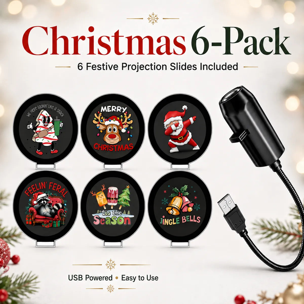 Halloween & Christmas USB Projector Light – Plug & Play LED Holiday Night Light with 3/6 Pattern Slides