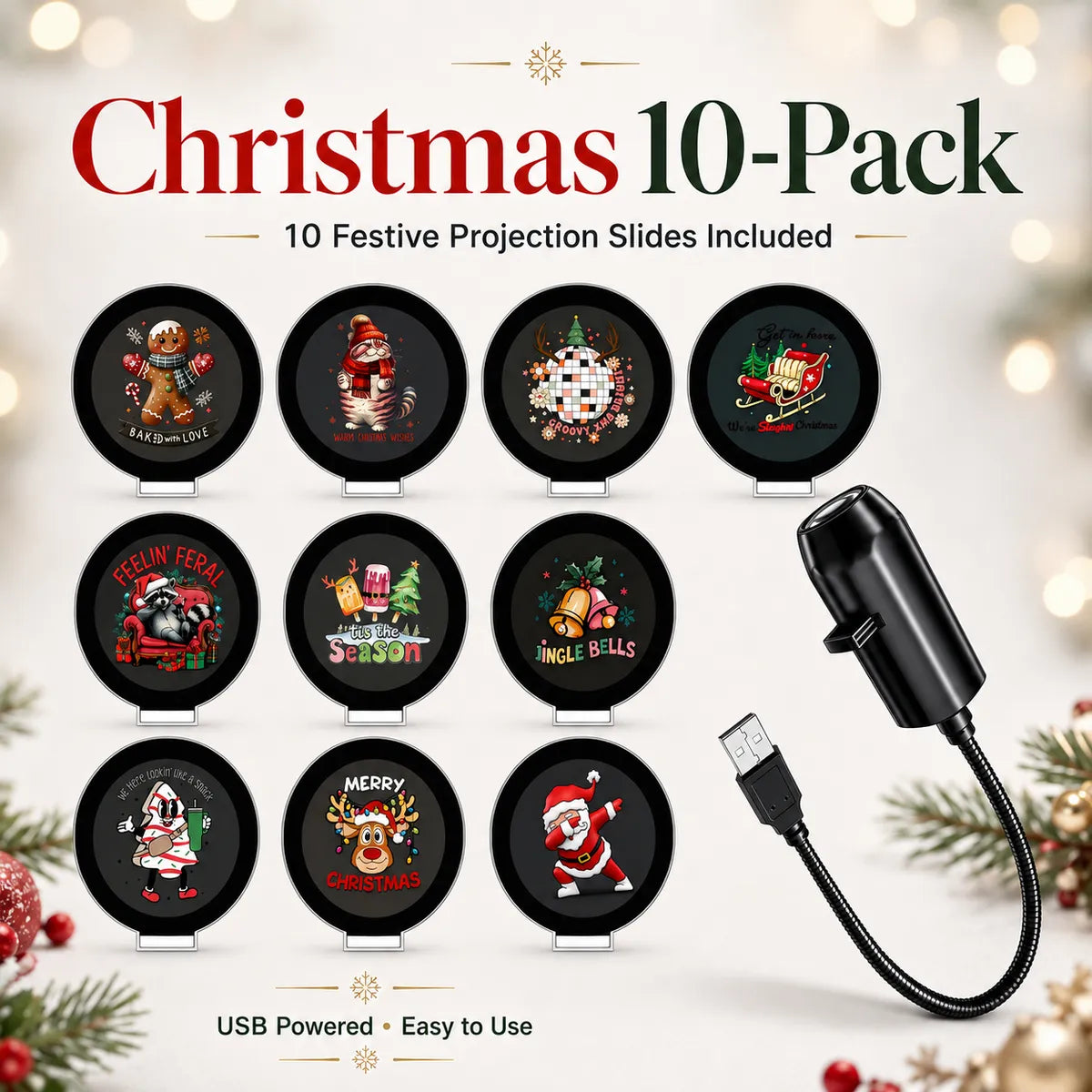 Halloween & Christmas USB Projector Light – Plug & Play LED Holiday Night Light with 3/6 Pattern Slides