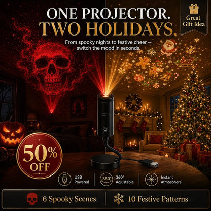 Halloween & Christmas USB Projector Light – Plug & Play LED Holiday Night Light with 3/6 Pattern Slides