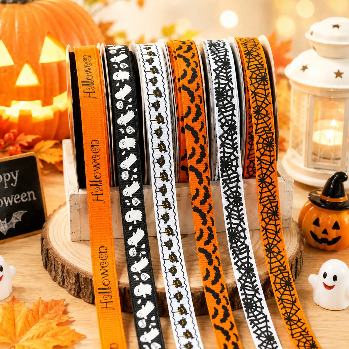 Halloween Grosgrain Ribbon Ghost Bat Spider Web Pumpkin Printed Ribbon Gift Wrapping Decor