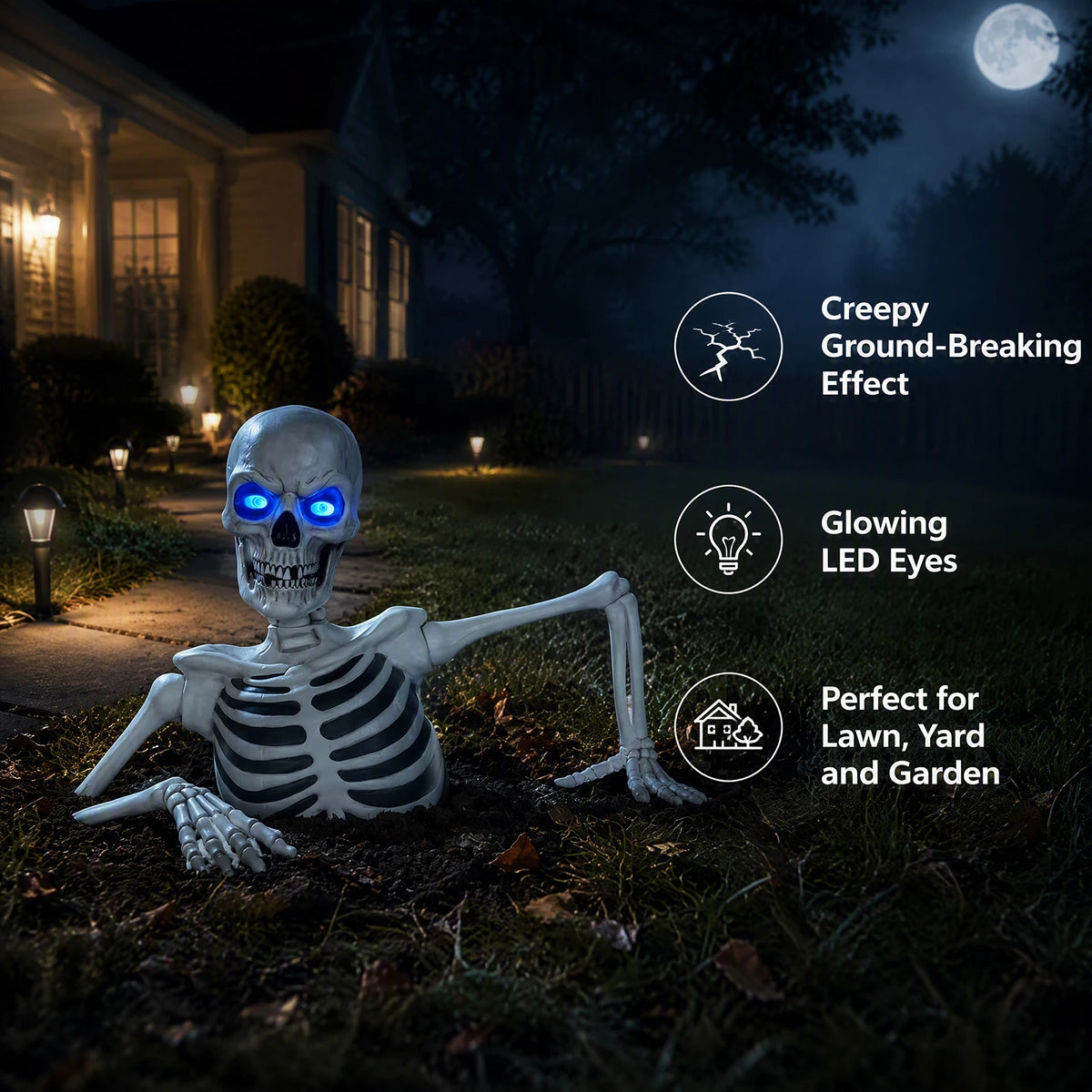 Giant Breaking Ground Skull Halloween Yard Decor with LED Glowing Eyes Poseable Arms Ground Stakes Included Outdoor Prop