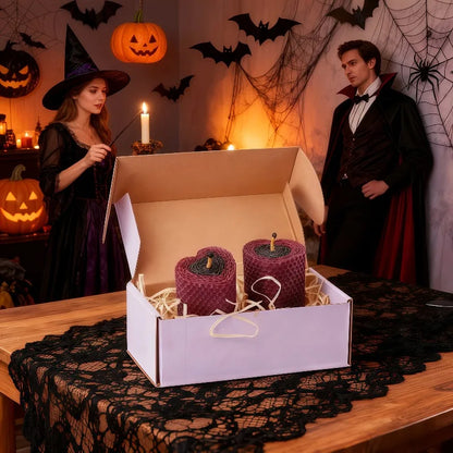 Baroque-style Burgundy red and black. 2pcs two-tone pillar beeswax scented candles. Dark theme decor, perfect for Halloween