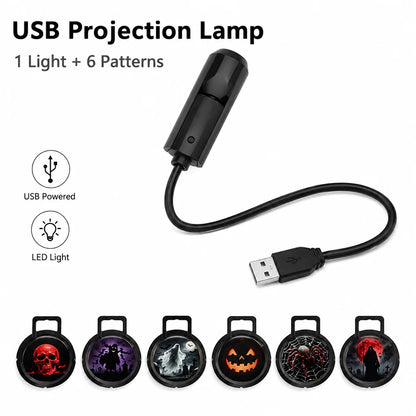 Halloween USB Projection Lamp with 3 or 6 Pattern Slides, Ghost Bat Skull Spider LED Light for Party Bedroom Holiday Decoration