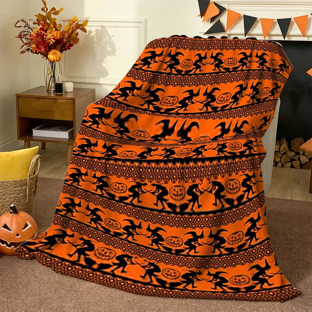 Halloween Witch and Pumpkin Print Blanket Orange Black Spooky Holiday Home Decor Soft Fleece Throw for Sofa Bed Living Room
