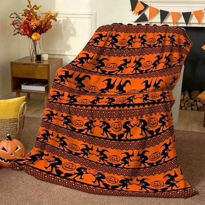 Halloween Witch and Pumpkin Print Blanket Orange Black Spooky Holiday Home Decor Soft Fleece Throw for Sofa Bed Living Room