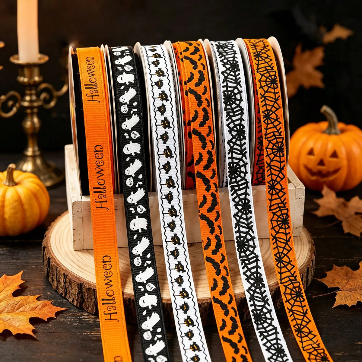 Halloween Grosgrain Ribbon Ghost Bat Spider Web Pumpkin Printed Ribbon Gift Wrapping Decor
