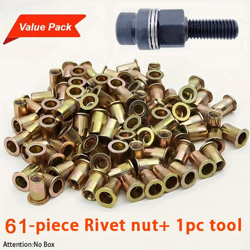 61pcs Heavy-Duty Rivet Nut Kit with Tools M3-M12 Zinc-Coated RH Threaded for Car Repair Furniture License Plate Renovation
