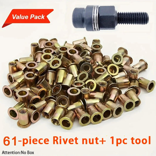 61pcs Heavy-Duty Rivet Nut Kit with Tools M3-M12 Zinc-Coated RH Threaded for Car Repair Furniture License Plate Renovation