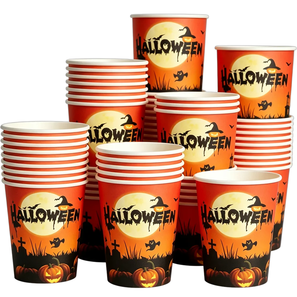 10/20/50/100Pcs Halloween 7/9inch Paper Plates Cup Vampire Mummy Spooky Themed Dinnerware Decor Halloween Table Party Supplies