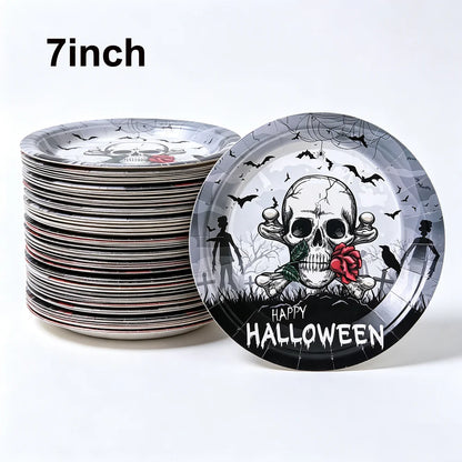 10/20/50/100Pcs Halloween 7/9inch Paper Plates Cup Vampire Mummy Spooky Themed Dinnerware Decor Halloween Table Party Supplies