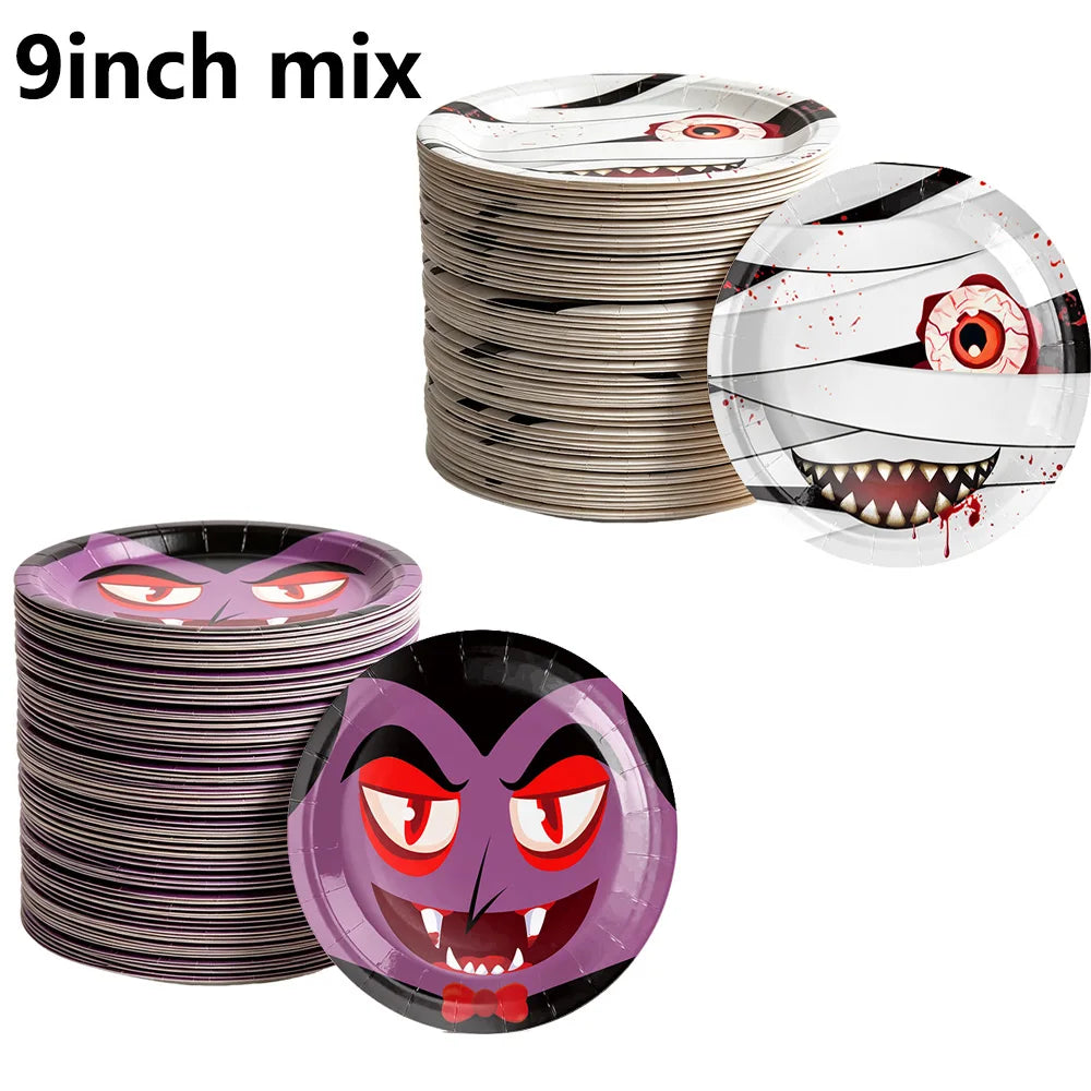 10/20/50/100Pcs Halloween 7/9inch Paper Plates Cup Vampire Mummy Spooky Themed Dinnerware Decor Halloween Table Party Supplies