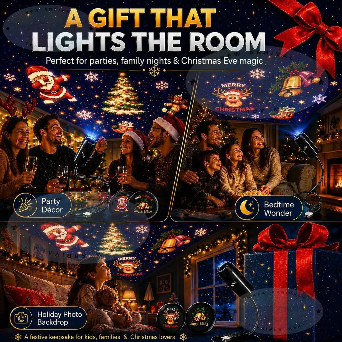 New Christmas Projector Light, Plug and Play HD Christmas Projector, USB Powered Christmas Night Light with 6+ Holiday Patterns