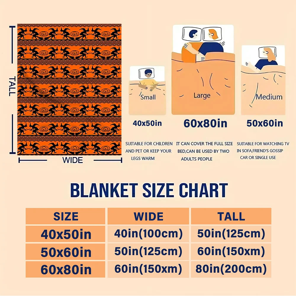 Halloween Witch and Pumpkin Print Blanket Orange Black Spooky Holiday Home Decor Soft Fleece Throw for Sofa Bed Living Room