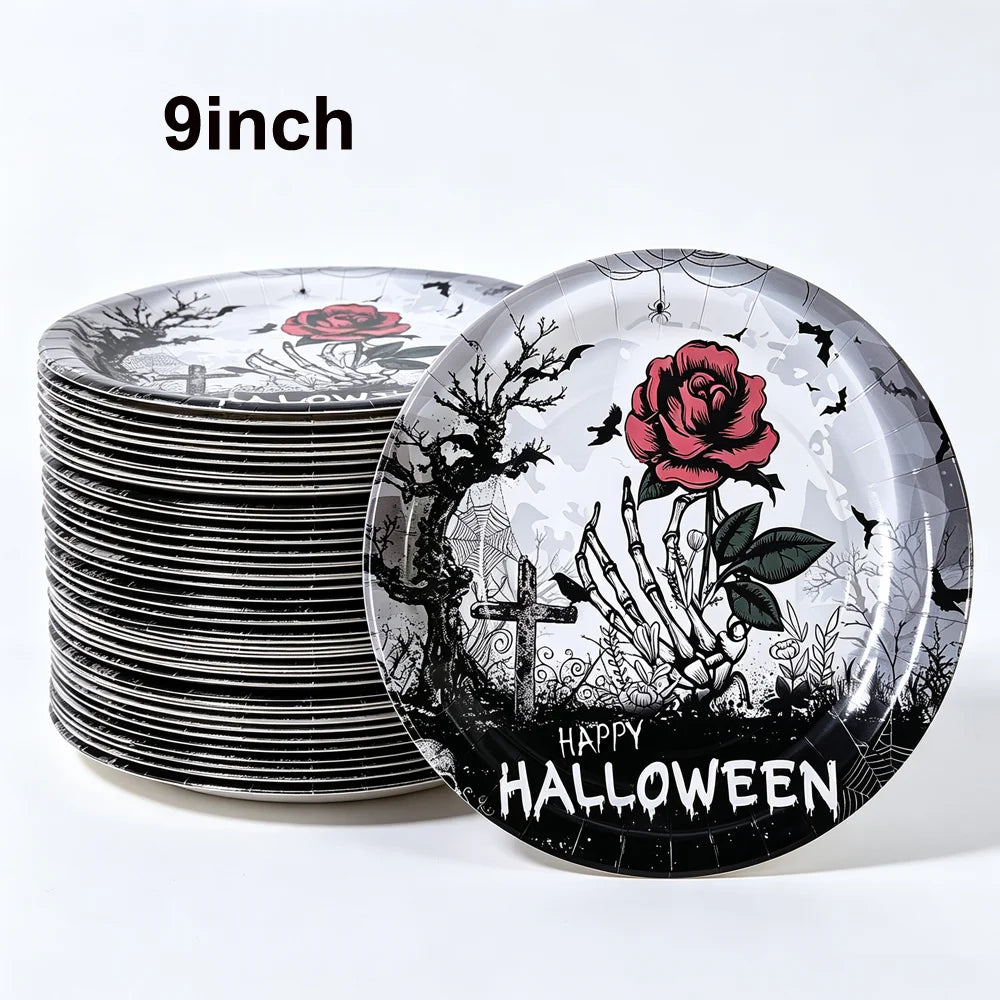 10/20/50/100Pcs Halloween 7/9inch Paper Plates Cup Vampire Mummy Spooky Themed Dinnerware Decor Halloween Table Party Supplies
