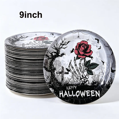 10/20/50/100Pcs Halloween 7/9inch Paper Plates Cup Vampire Mummy Spooky Themed Dinnerware Decor Halloween Table Party Supplies