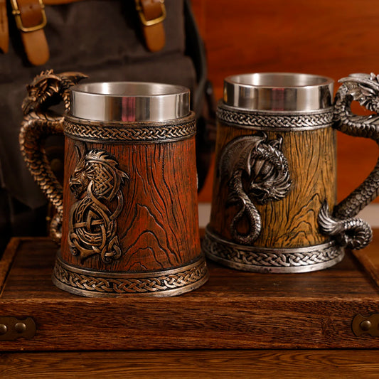 2026 Medieval Large Dragon Barrel Beer Tankard 304 Stainless Steel Inner Tea Coffee Mug Stein Cup 500 ml