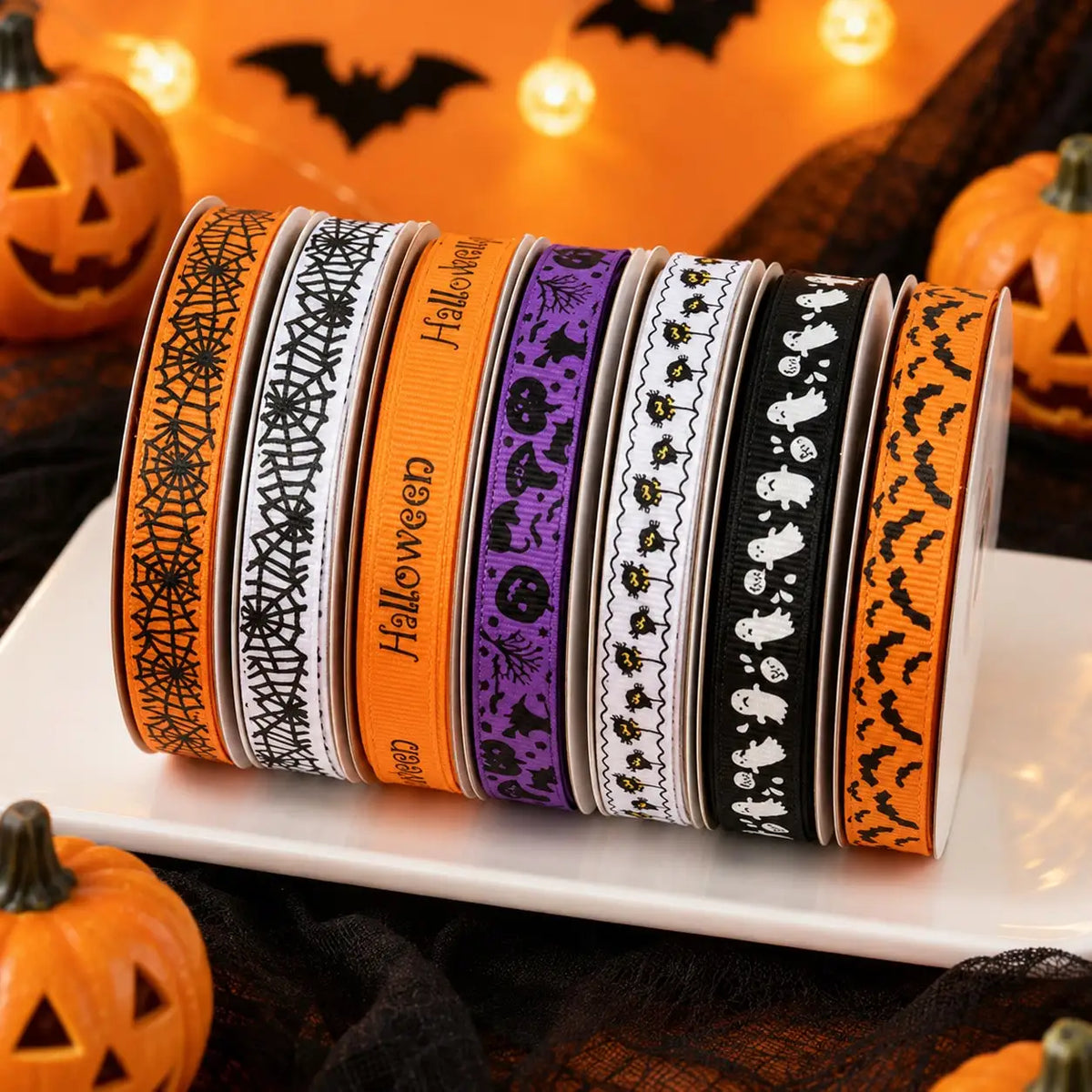Halloween Grosgrain Ribbon Ghost Bat Spider Web Pumpkin Printed Ribbon Gift Wrapping Decor