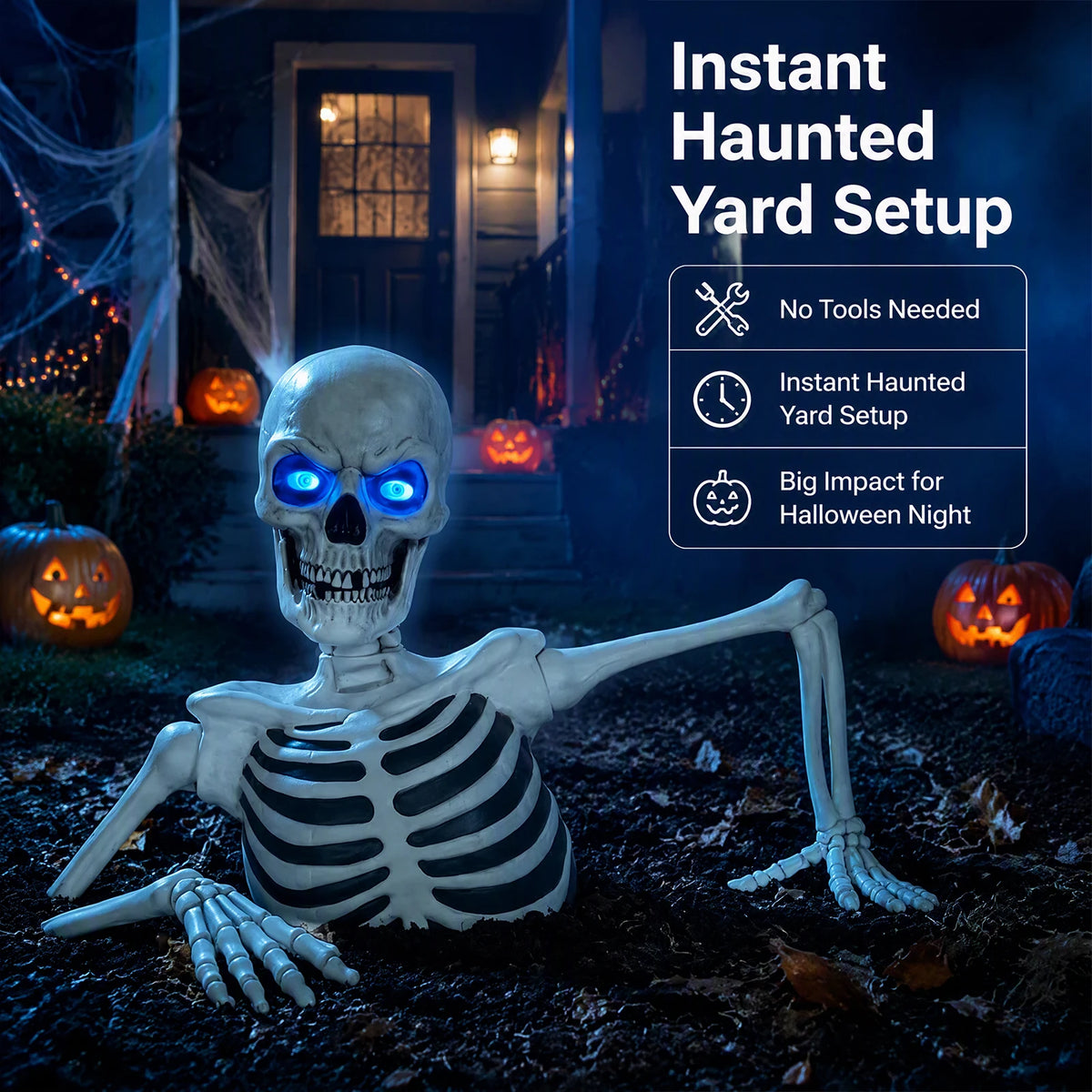 Giant Breaking Ground Skull Halloween Yard Decor with LED Glowing Eyes Poseable Arms Ground Stakes Included Outdoor Prop