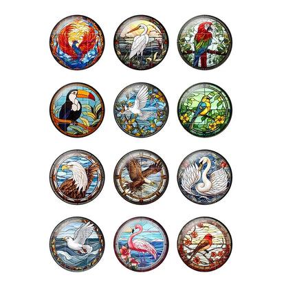 24 Style Fashion Bird Art Paintings 24pcs/lot 12mm/18mm/20mm/25mm Round Photo Glass Cabochon Demo Flat Back Making Findings H334