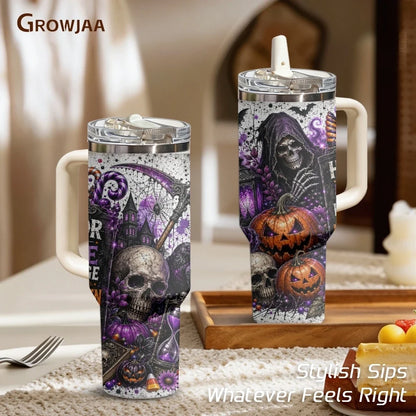 Halloween Horror Skull Pumpkin Purple Rose Print Vacuum Flasks 40oz 3rd Stainless Steel Tumbler Cup Handle Straw Lid for Gifts