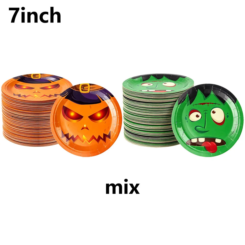 10/20/50/100Pcs Halloween 7/9inch Paper Plates Cup Vampire Mummy Spooky Themed Dinnerware Decor Halloween Table Party Supplies