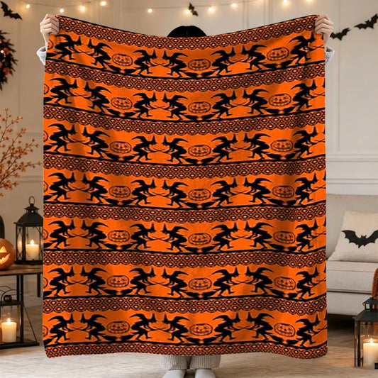 Halloween Witch and Pumpkin Print Blanket Orange Black Spooky Holiday Home Decor Soft Fleece Throw for Sofa Bed Living Room