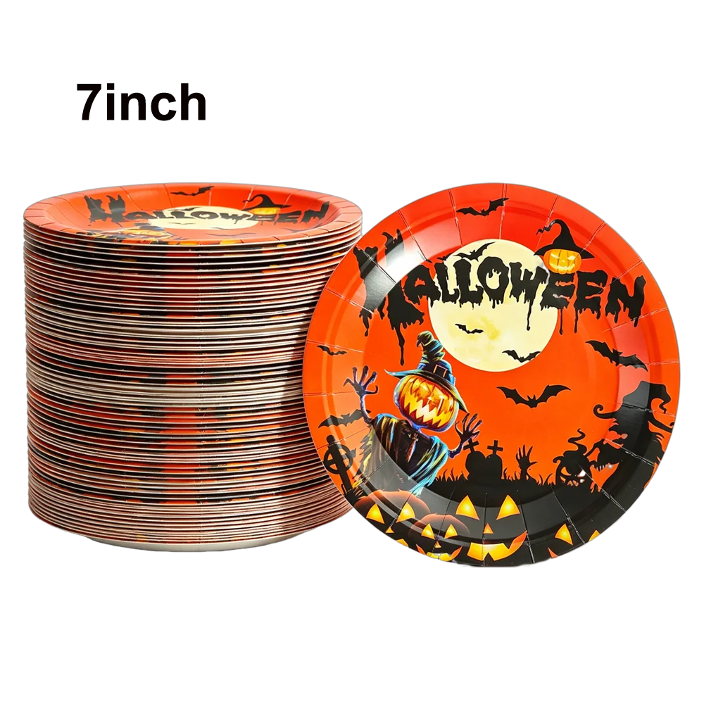 10/20/50/100Pcs Halloween 7/9inch Paper Plates Cup Vampire Mummy Spooky Themed Dinnerware Decor Halloween Table Party Supplies