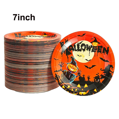 10/20/50/100Pcs Halloween 7/9inch Paper Plates Cup Vampire Mummy Spooky Themed Dinnerware Decor Halloween Table Party Supplies