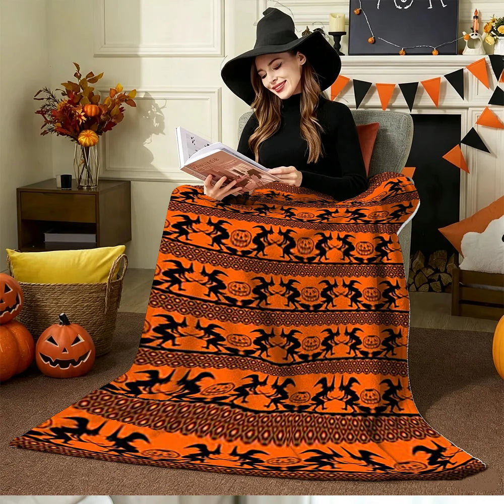 Halloween Witch and Pumpkin Print Blanket Orange Black Spooky Holiday Home Decor Soft Fleece Throw for Sofa Bed Living Room