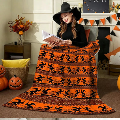 Halloween Witch and Pumpkin Print Blanket Orange Black Spooky Holiday Home Decor Soft Fleece Throw for Sofa Bed Living Room