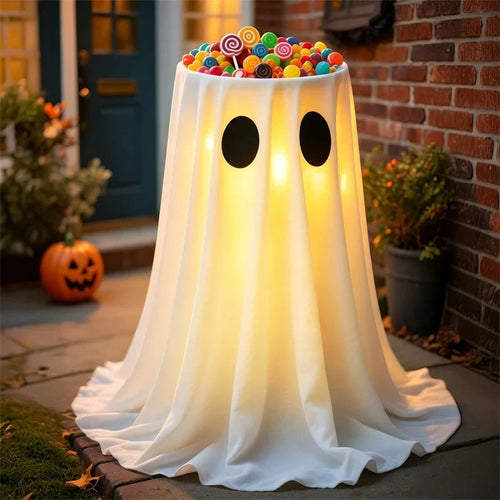 Standing Halloween Glowing Ghost Treat Bucket Height-adjustable Reusable Ghost Candy Bowl Luminous Halloween Candy Holder Bar