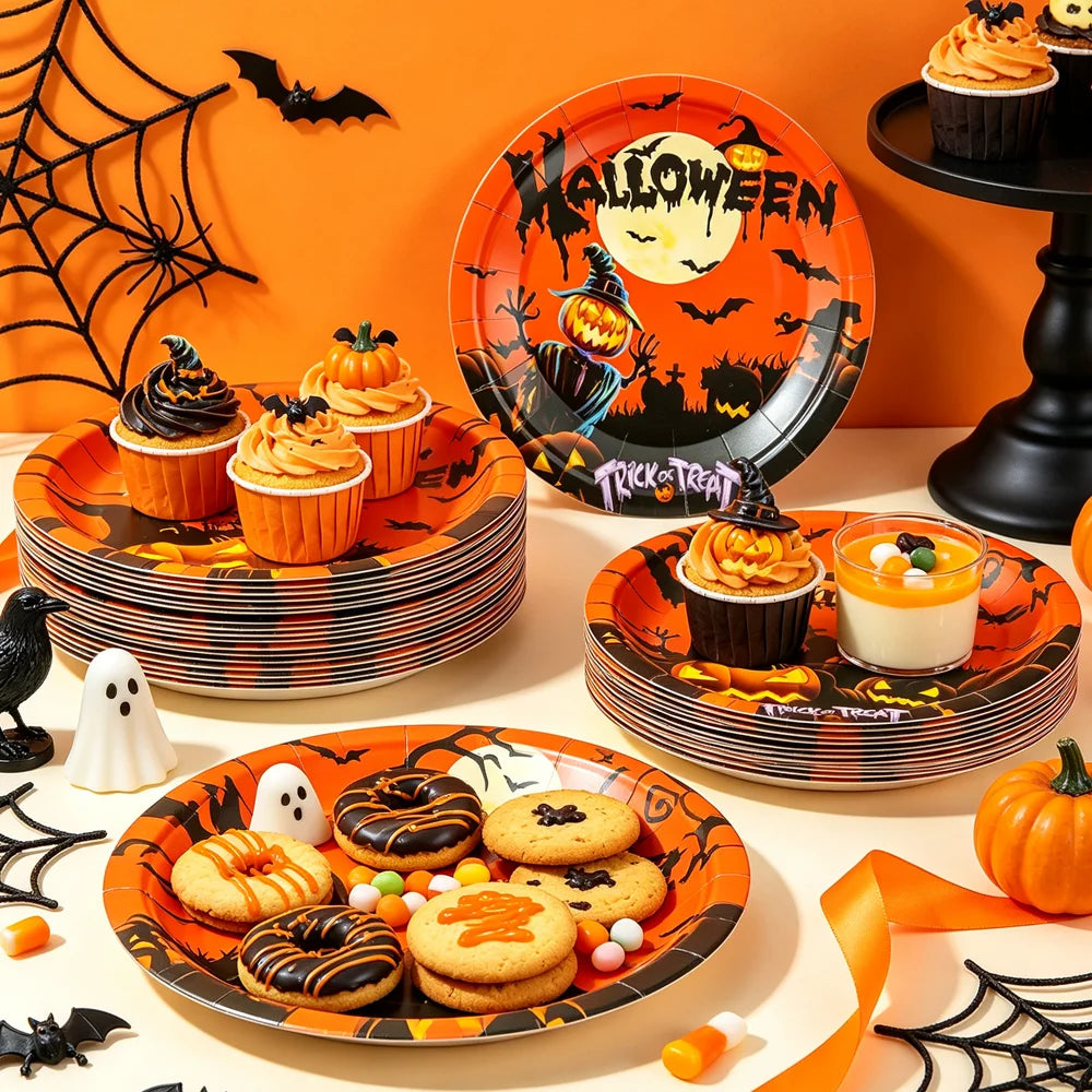10/20/50/100Pcs Halloween 7/9inch Paper Plates Cup Vampire Mummy Spooky Themed Dinnerware Decor Halloween Table Party Supplies