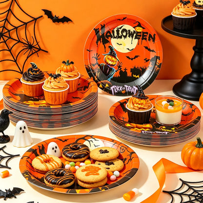 10/20/50/100Pcs Halloween 7/9inch Paper Plates Cup Vampire Mummy Spooky Themed Dinnerware Decor Halloween Table Party Supplies