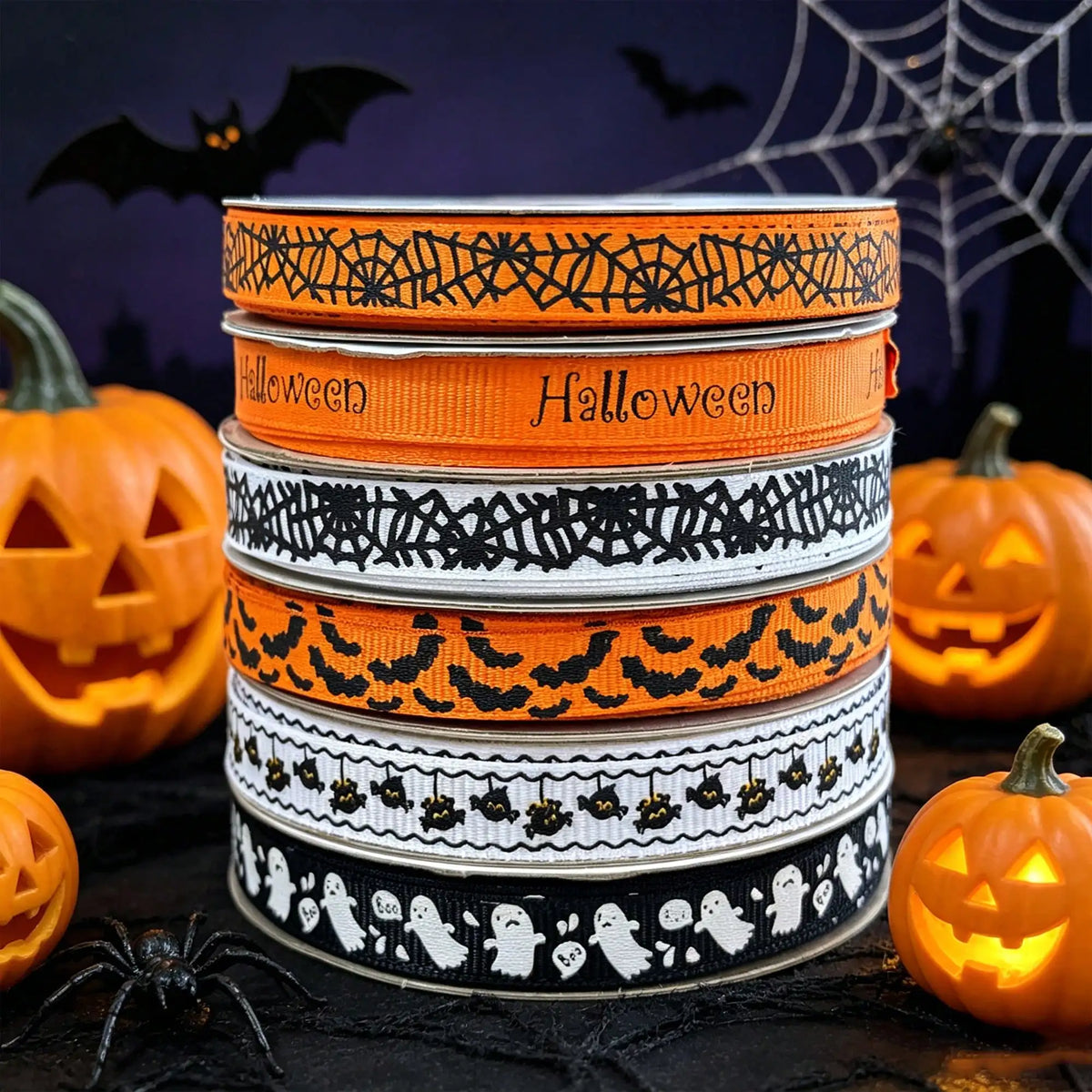 Halloween Grosgrain Ribbon Ghost Bat Spider Web Pumpkin Printed Ribbon Gift Wrapping Decor
