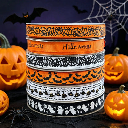 Halloween Grosgrain Ribbon Ghost Bat Spider Web Pumpkin Printed Ribbon Gift Wrapping Decor