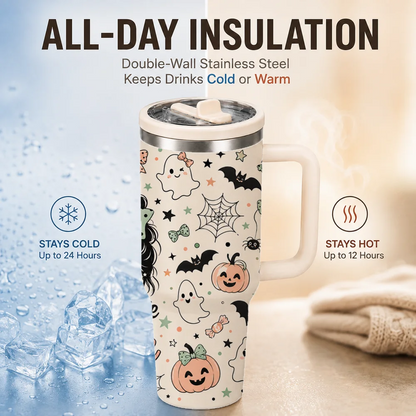 Spooky Halloween Ghost Vacuum Flasks 40oz Large Capacity Stainless Steel Tumbler with Handle Straw Lid Insulated Travel Mug Cup