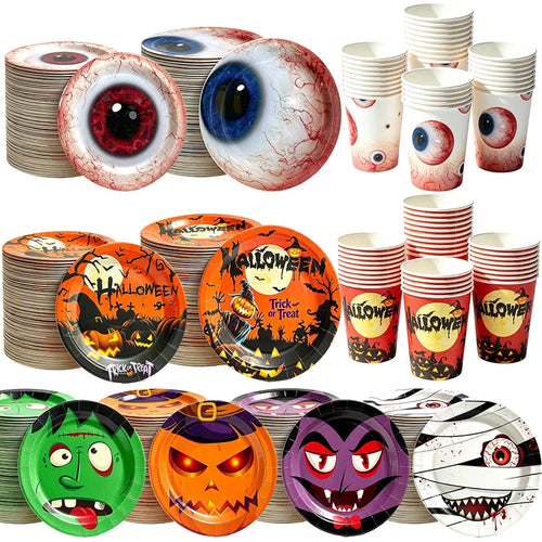 10/20/50/100Pcs Halloween 7/9inch Paper Plates Cup Vampire Mummy Spooky Themed Dinnerware Decor Halloween Table Party Supplies