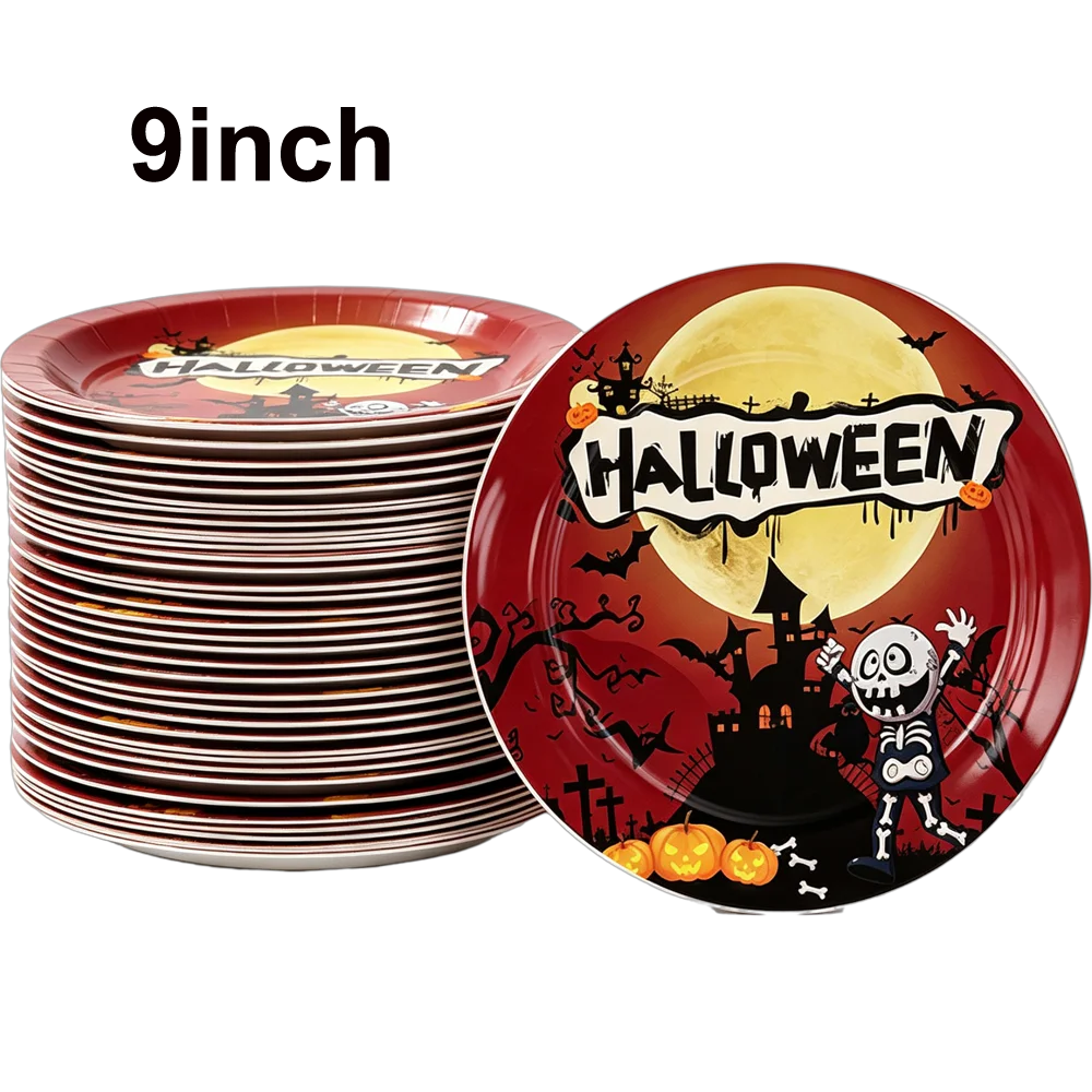10/20/50/100Pcs Halloween 7/9inch Paper Plates Cup Vampire Mummy Spooky Themed Dinnerware Decor Halloween Table Party Supplies