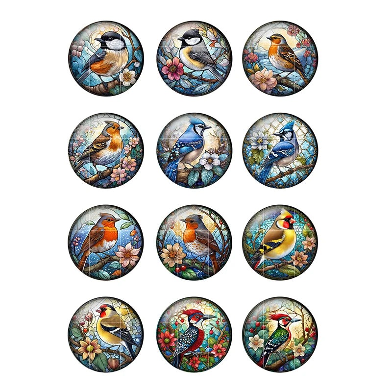 Watercolor Flowers Birds Art Paintings 24pcs Mix 12mm/20mm/25mm Round Photo Glass Cabochon Demo Flat Back Making Findings H151