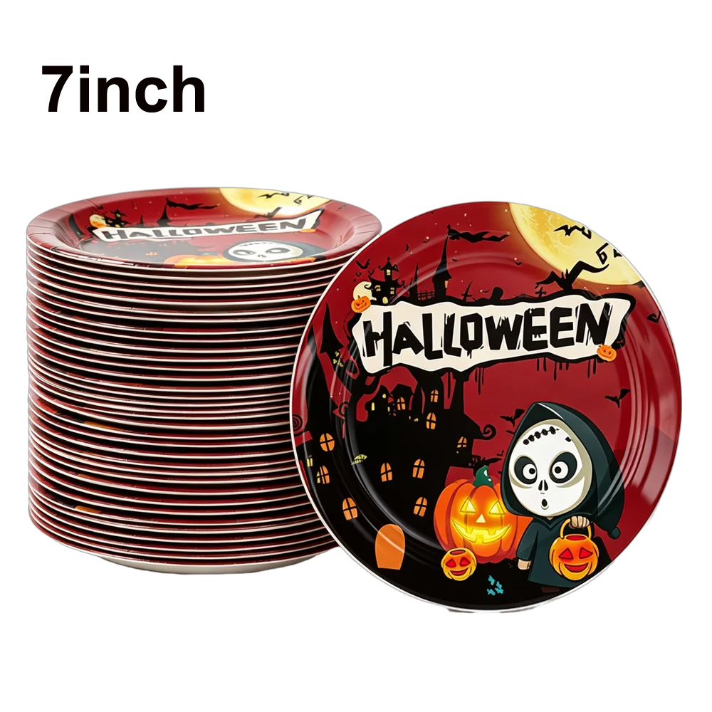 10/20/50/100Pcs Halloween 7/9inch Paper Plates Cup Vampire Mummy Spooky Themed Dinnerware Decor Halloween Table Party Supplies