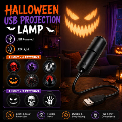Halloween USB Projection Lamp with 3 or 6 Pattern Slides, Ghost Bat Skull Spider LED Light for Party Bedroom Holiday Decoration