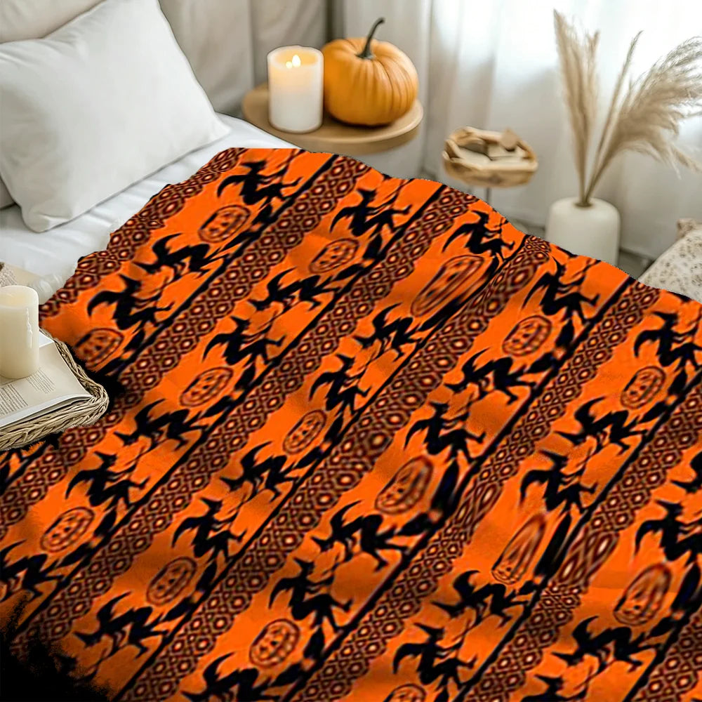Halloween Witch and Pumpkin Print Blanket Orange Black Spooky Holiday Home Decor Soft Fleece Throw for Sofa Bed Living Room
