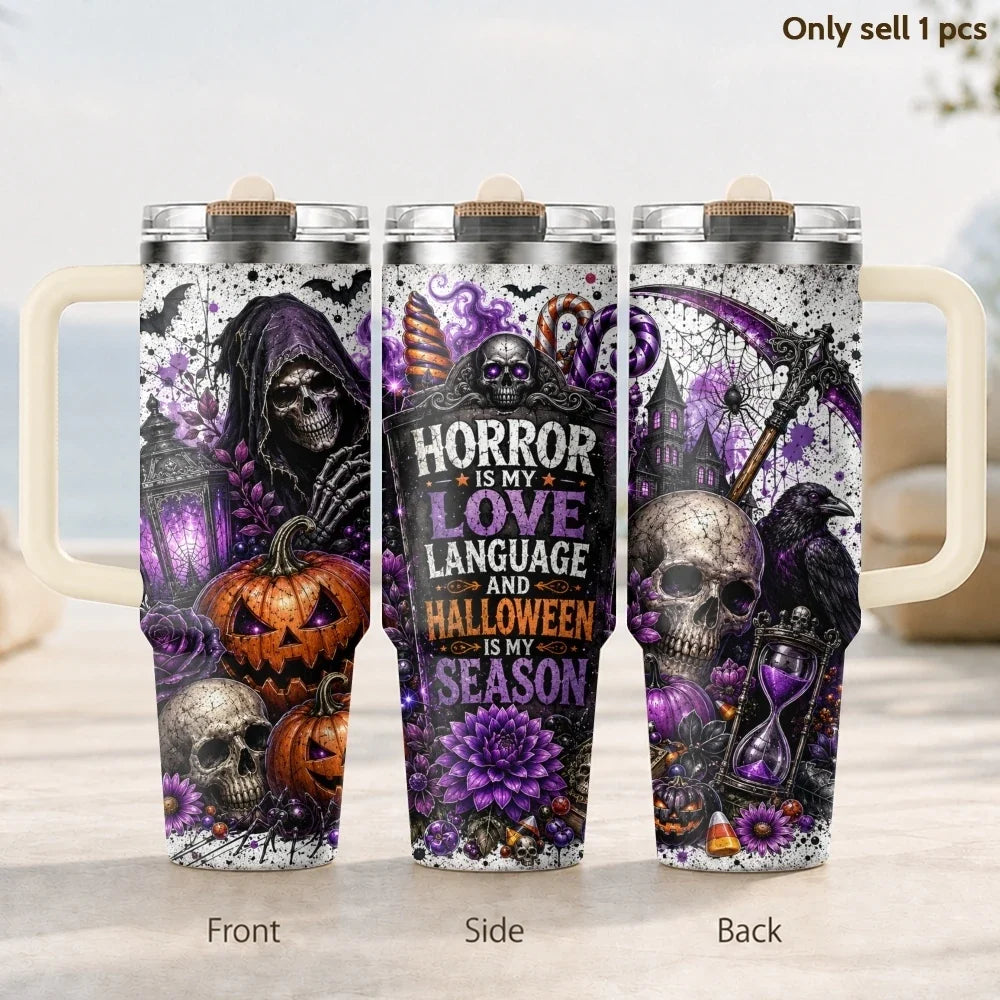 Halloween Horror Skull Pumpkin Purple Rose Print Vacuum Flasks 40oz 3rd Stainless Steel Tumbler Cup Handle Straw Lid for Gifts