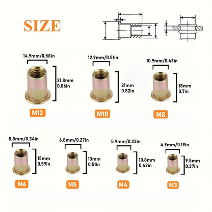 61pcs Heavy-Duty Rivet Nut Kit with Tools M3-M12 Zinc-Coated RH Threaded for Car Repair Furniture License Plate Renovation