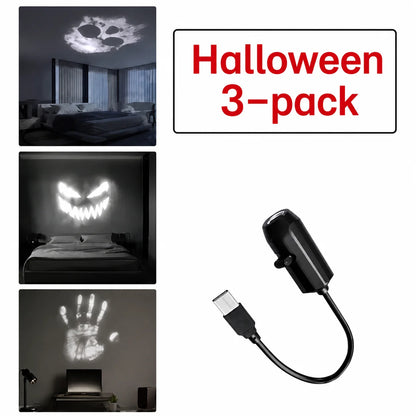 Halloween USB Projection Lamp with 3 or 6 Pattern Slides, Ghost Bat Skull Spider LED Light for Party Bedroom Holiday Decoration