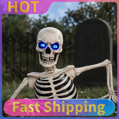 Giant Breaking Ground Skull Halloween Yard Decor with LED Glowing Eyes Poseable Arms Ground Stakes Included Outdoor Prop