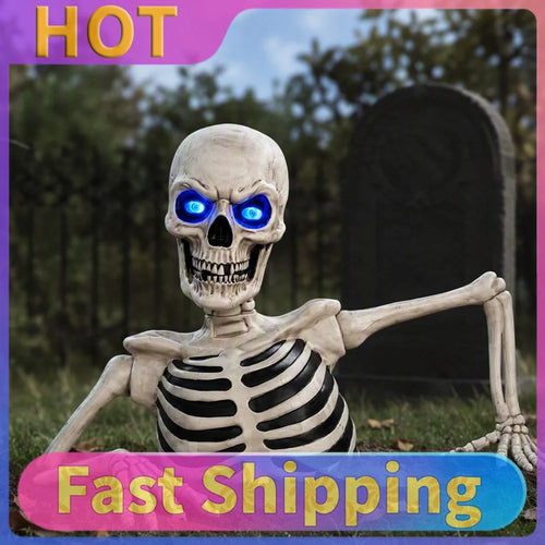 Giant Breaking Ground Skull Halloween Yard Decor with LED Glowing Eyes Poseable Arms Ground Stakes Included Outdoor Prop