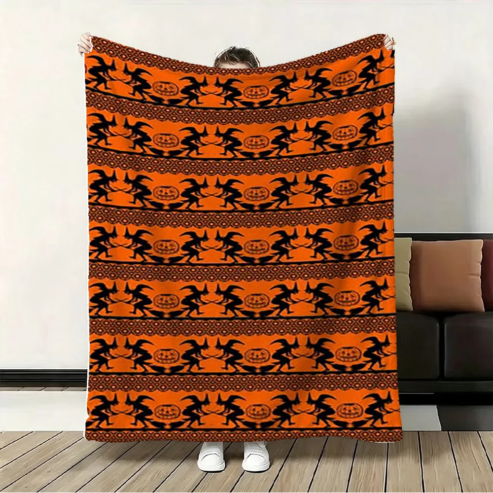 Halloween Witch and Pumpkin Print Blanket Orange Black Spooky Holiday Home Decor Soft Fleece Throw for Sofa Bed Living Room