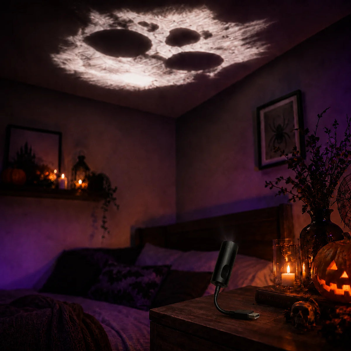 Halloween USB Projection Lamp with 3 or 6 Pattern Slides, Ghost Bat Skull Spider LED Light for Party Bedroom Holiday Decoration